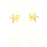 Small gold-coloured cross stud earring with pavé-set clear stones and a post-back closure, shown from the front.