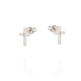 Silver-toned mini cross stud earring, paved with clear sparkling stones.