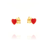 Pair of gold-toned stud earrings, each with a small red heart design.