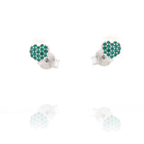 Pair of small heart-shaped stud earrings with green pavé-set stones and silver-toned posts and butterfly backs.