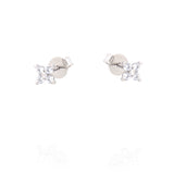 Pair of silver-toned stud earrings, each featuring four clear faceted stones arranged in a flower shape, with butterfly backs