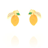 Pair of gold-toned lemon earrings. Each features a yellow enamel lemon, a leaf with clear stones, and a small green stone lea