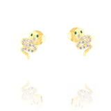 Pair of gold-toned snake stud earrings with green eyes and clear stones encrusting the coiled body.
