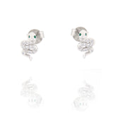 Single silver-toned mini snake stud earring with clear pave-set stones and two small green stones for eyes
