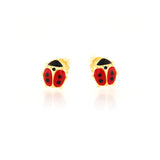 Pair of gold-toned stud earrings shaped like ladybugs, with red and black enamel detailing on a white background.