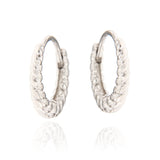 Pair of small silver-toned hoop earrings with a twisted rope-like texture on the outer surface and a hinged closure.