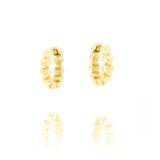 Pair of gold-toned hoop earrings, each formed by a series of connected heart shapes, with a polished finish.