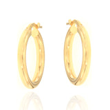 Pair of small, round, polished gold-toned hoop earrings with hinged closures.