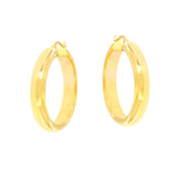 Pair of gold-toned, polished hoop earrings with a hinged closure.