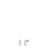 Pair of silver-toned steel stud earrings. Each features a small clear zircon above a larger rectangular clear zircon. Post-ba