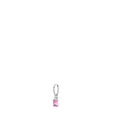 Silver-toned mono earring with a small hoop, featuring a dangling clear marquise zircon above a rectangular pink zircon.