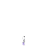 Silver-toned hoop earring with a small round white zircon and a rectangular purple zircon drop.