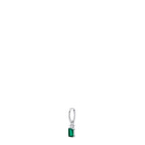 Silver-toned steel hoop earring with a dangling green rectangular zircon and a small white round zircon.