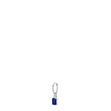 Silver-toned mono earring with a small round white zircon and a rectangular blue zircon dangling from a hoop.