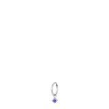 Silver-toned steel hoop mono earring with a dangling round, faceted purple zircon stone.
