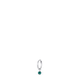 Silver-toned steel hoop earring with a dangling round emerald green zircon stone in a four-prong setting.