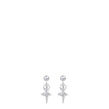 Pair of silver-toned steel drop earrings, each featuring a round clear zircon stud and a detailed ballerina charm.