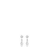 Pair of silver-toned steel drop earrings with white zircon studs and dangling treble clef symbols