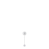 Silver-toned steel mono earring with a sun motif and a dangling chain ending in a round white crystal.