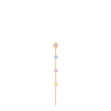 Gold-toned steel single drop earring with a light purple stud, light blue, pink, and yellow square crystals, and a bar.