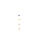 Gold-toned steel single dangle earring with a light blue round crystal stud, yellow, clear, and light blue butterfly crystals