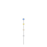 Silver-toned single drop earring with a blue round crystal stud, yellow, light pink, and clear crystal butterfly charms, and