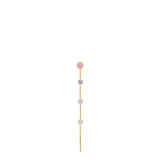 Gold-toned steel single drop earring with a round purple crystal stud, two square purple crystals, a clear bow-shaped crystal