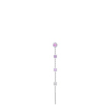 Silver-toned single drop earring with a round pink crystal stud, two square pink crystal clusters, a pink crystal bow, and a