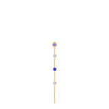 Single gold-toned steel drop earring with a lavender round crystal stud, two clear four-petal crystals, and a blue round crys