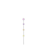 Silver-toned single threader earring with a pink round crystal, purple, yellow, and green square crystals on a chain.