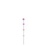 Single silver-toned steel drop earring with a round magenta crystal, square purple crystal, light pink crystal, two crystal b