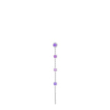 Single drop earring with a silver-toned steel chain, featuring one round and three square purple/lavender crystals, and a sol