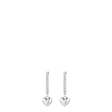Pair of silver-toned steel drop earrings with a line of white zircons and a polished heart charm.