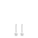 Silver-toned steel drop earrings with a line of white zircons and a butterfly charm.