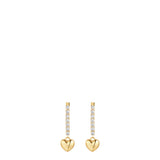 Pair of gold-toned steel drop earrings with a line of white zircons and a puffed heart charm dangling at the bottom.