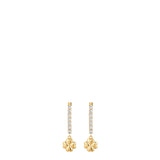 Pair of gold-toned drop earrings, each featuring a vertical line of clear zircons suspending a polished gold-toned four-leaf