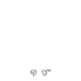Silver-toned heart stud earrings, each with a large clear zircon center and a halo of smaller clear zircons. One earring show
