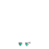 Pair of silver-toned steel stud earrings, each featuring a green heart-shaped zircon surrounded by white zircons, with a scre