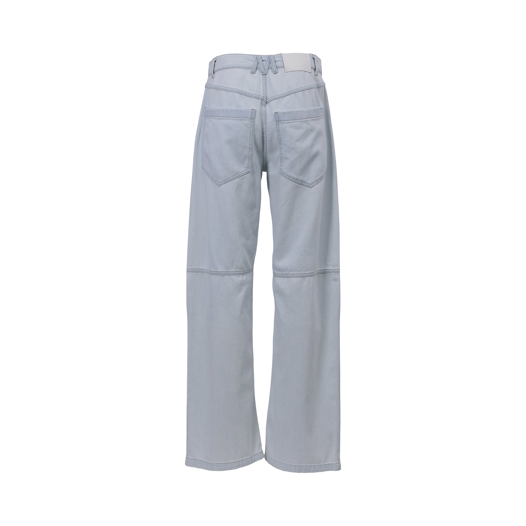 Light blue wide-leg denim pants, back view, with two patch pockets, a white label on the waistband, and horizontal knee seams