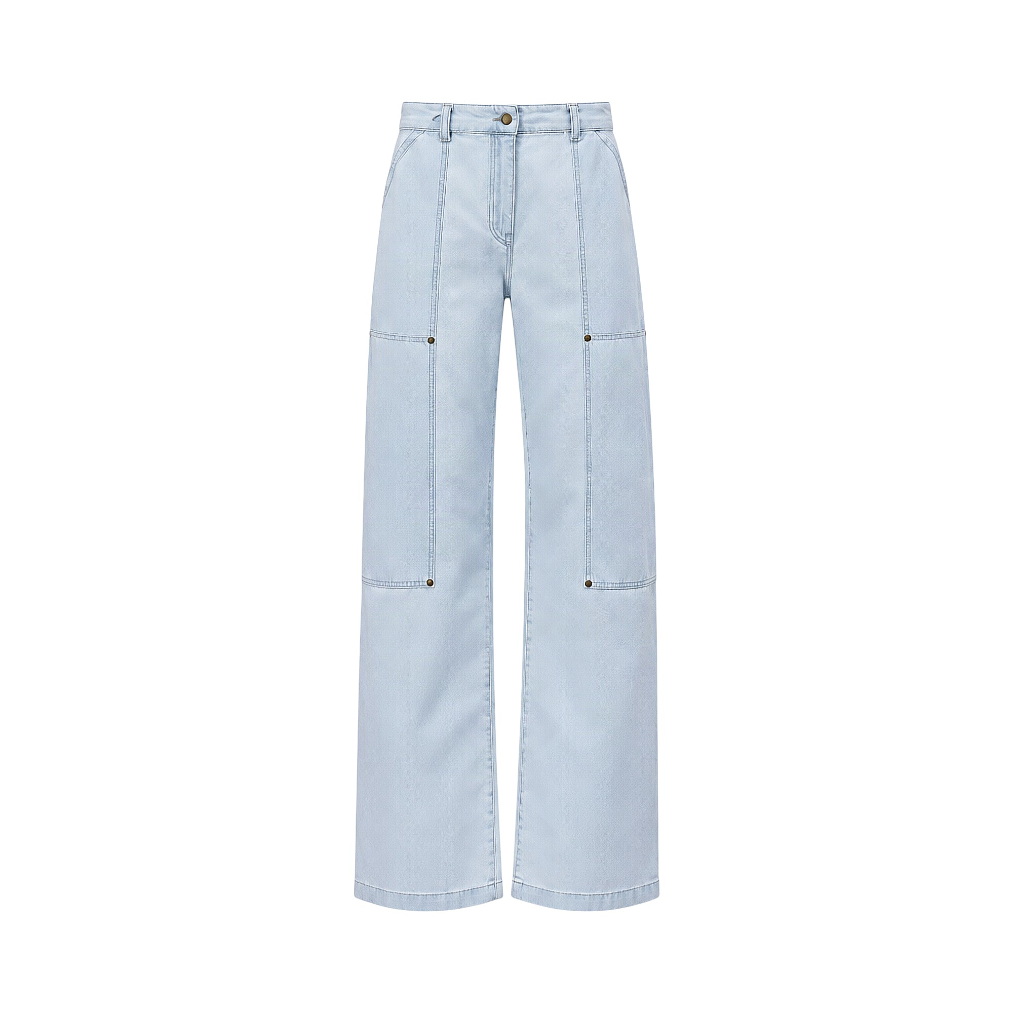 Light blue wide-leg denim trousers with vertical seam detailing, front slash pockets, and four rectangular patch pockets with
