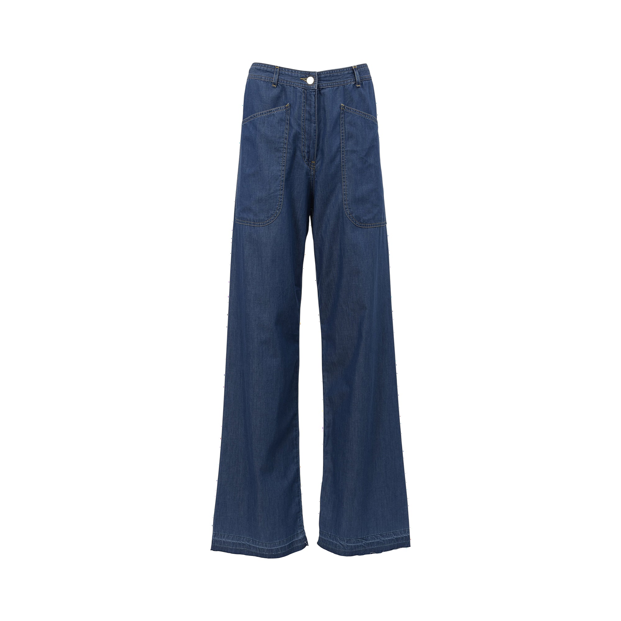 Blue high-waisted wide-leg denim trousers with large front patch pockets and a button closure.