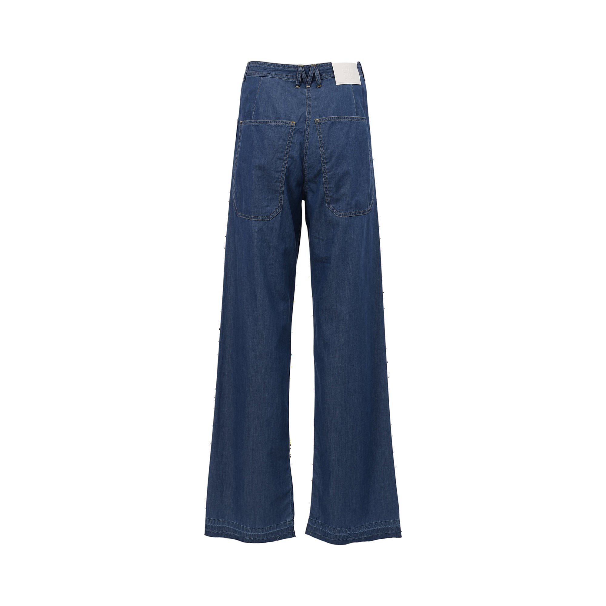 Dark blue wide-leg denim pants, back view. Two large patch pockets and a white label on the right waistband.