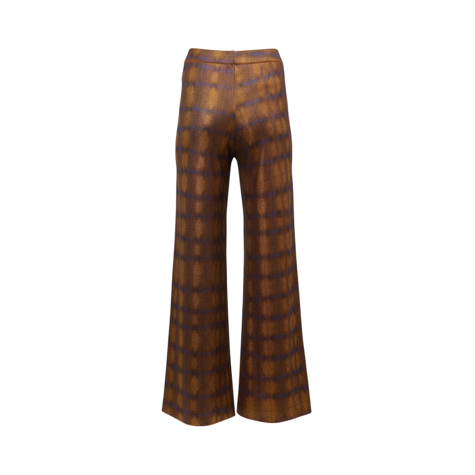 High-waisted, wide-leg pants in a brown and violet plaid pattern, with a smooth back.