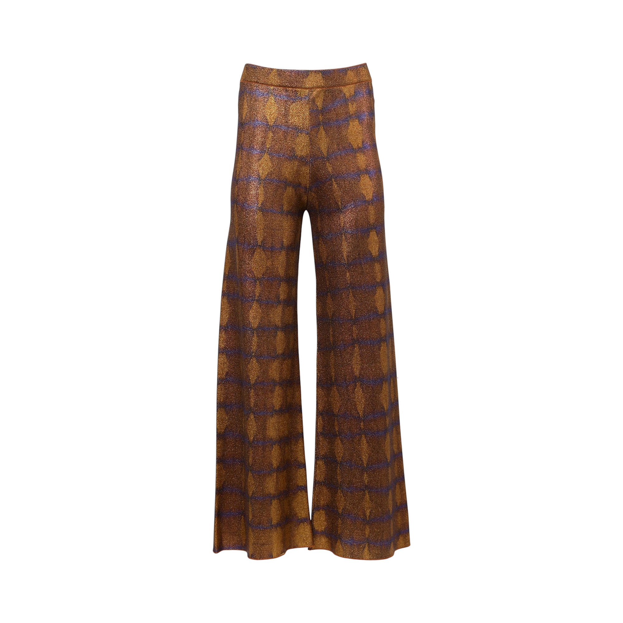 Brown and purple wide-leg knit trousers with a geometric diamond pattern and high waist.