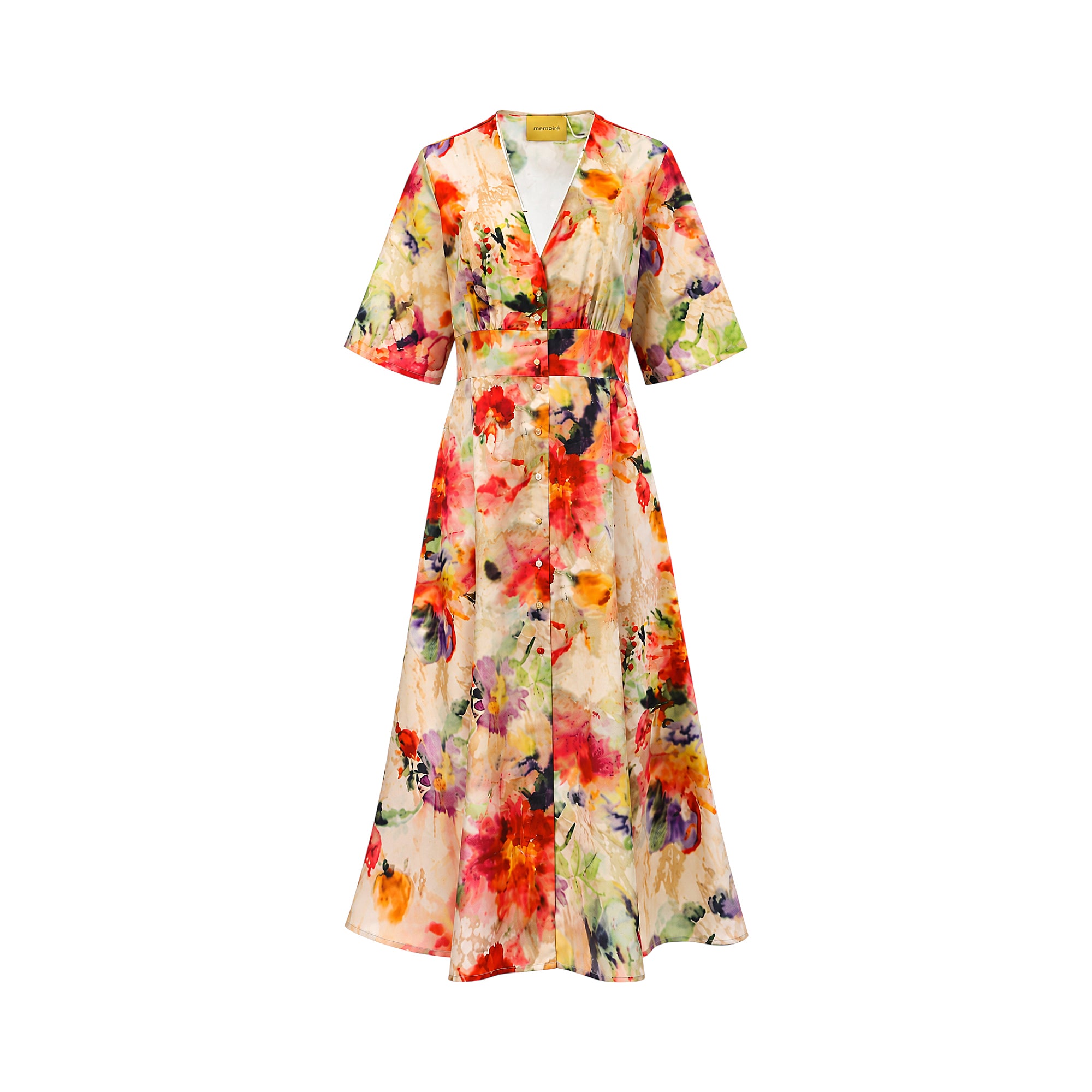 Momoni Sabila midi dress with a creamy base and vibrant abstract floral patterns in red, orange, yellow, green, purple, and b