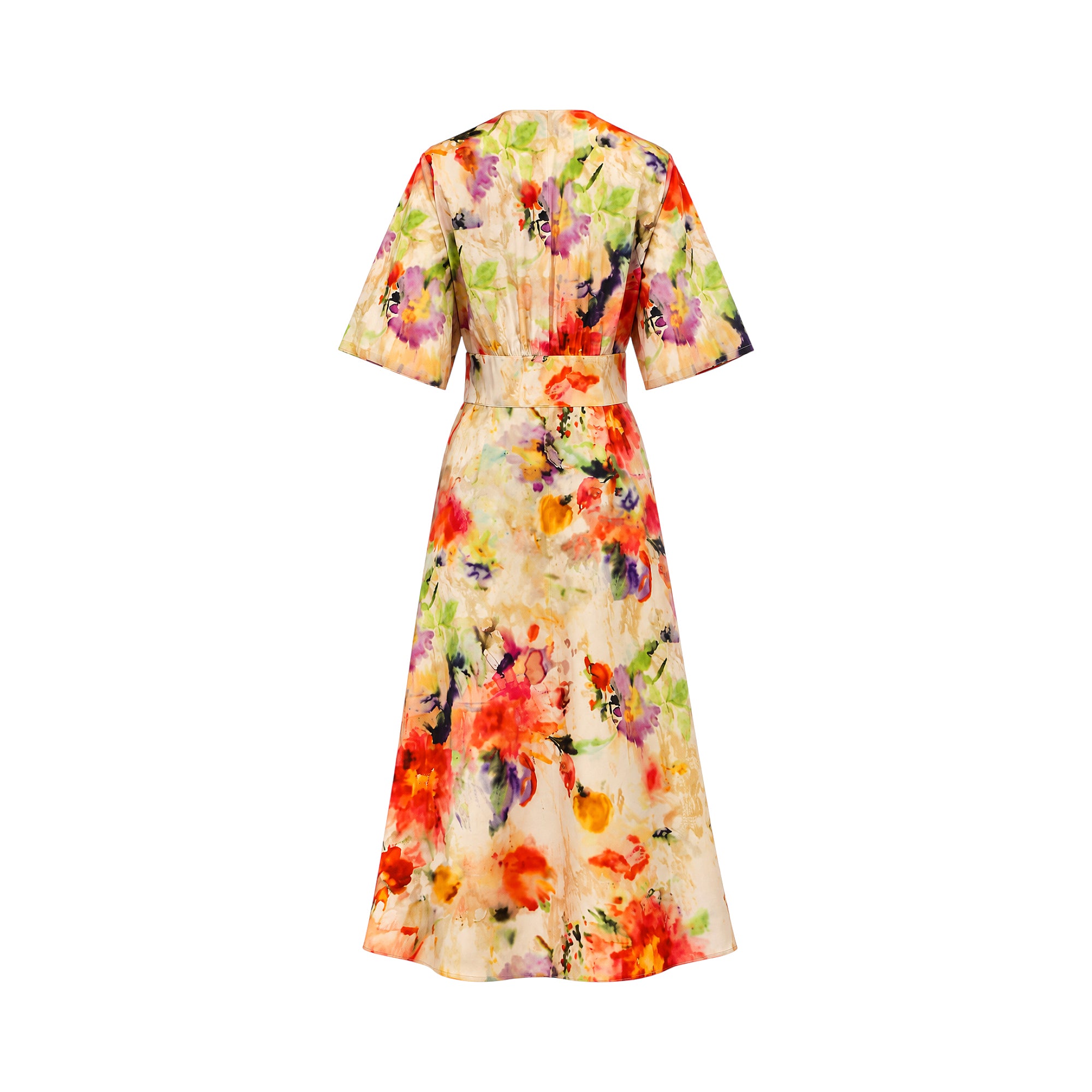 Multicolor abstract floral midi dress with short wide sleeves, V-neck back, and wide matching waistband.