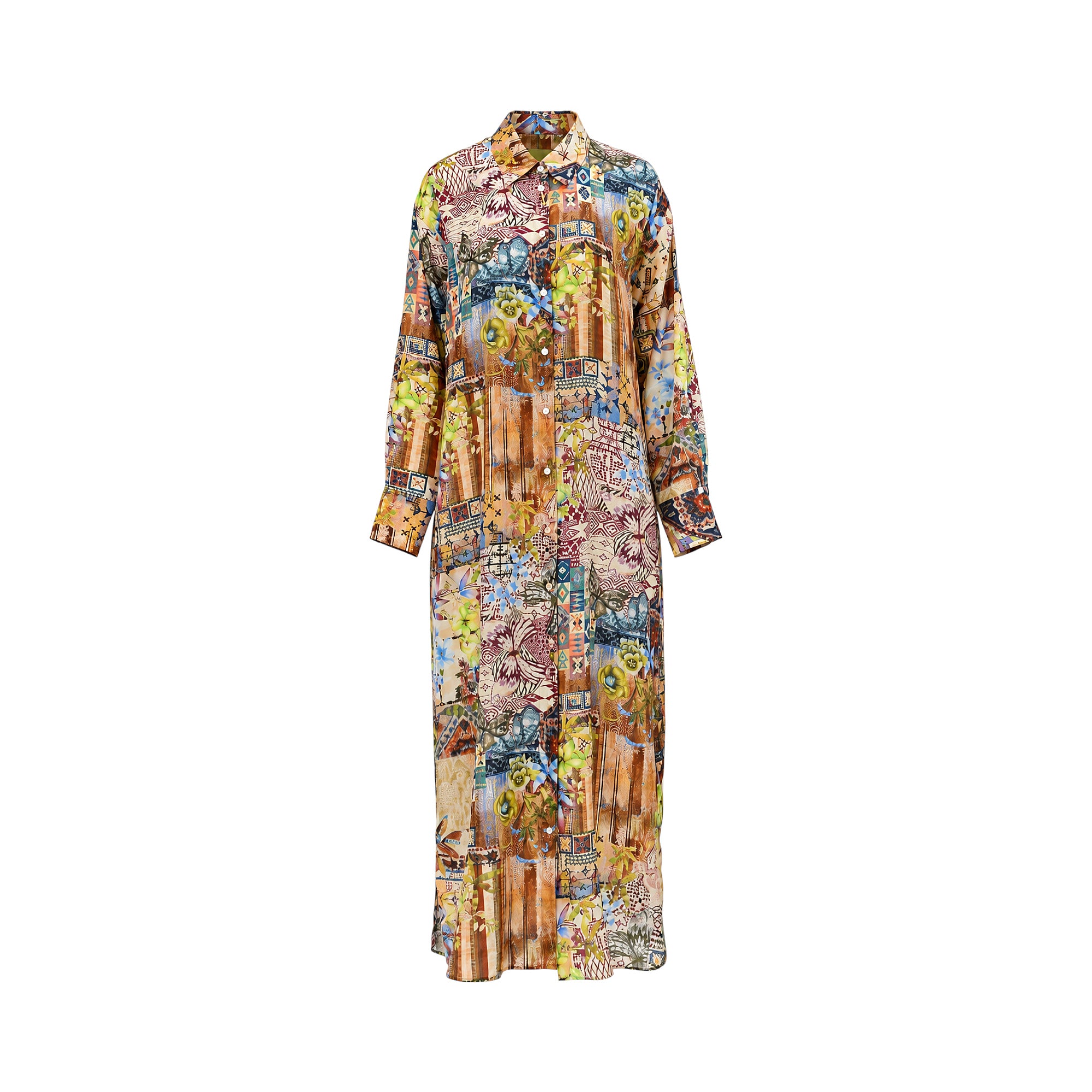 Momoni long shirt dress in a multi-coloured patchwork pattern with a collared neckline and button-front closure