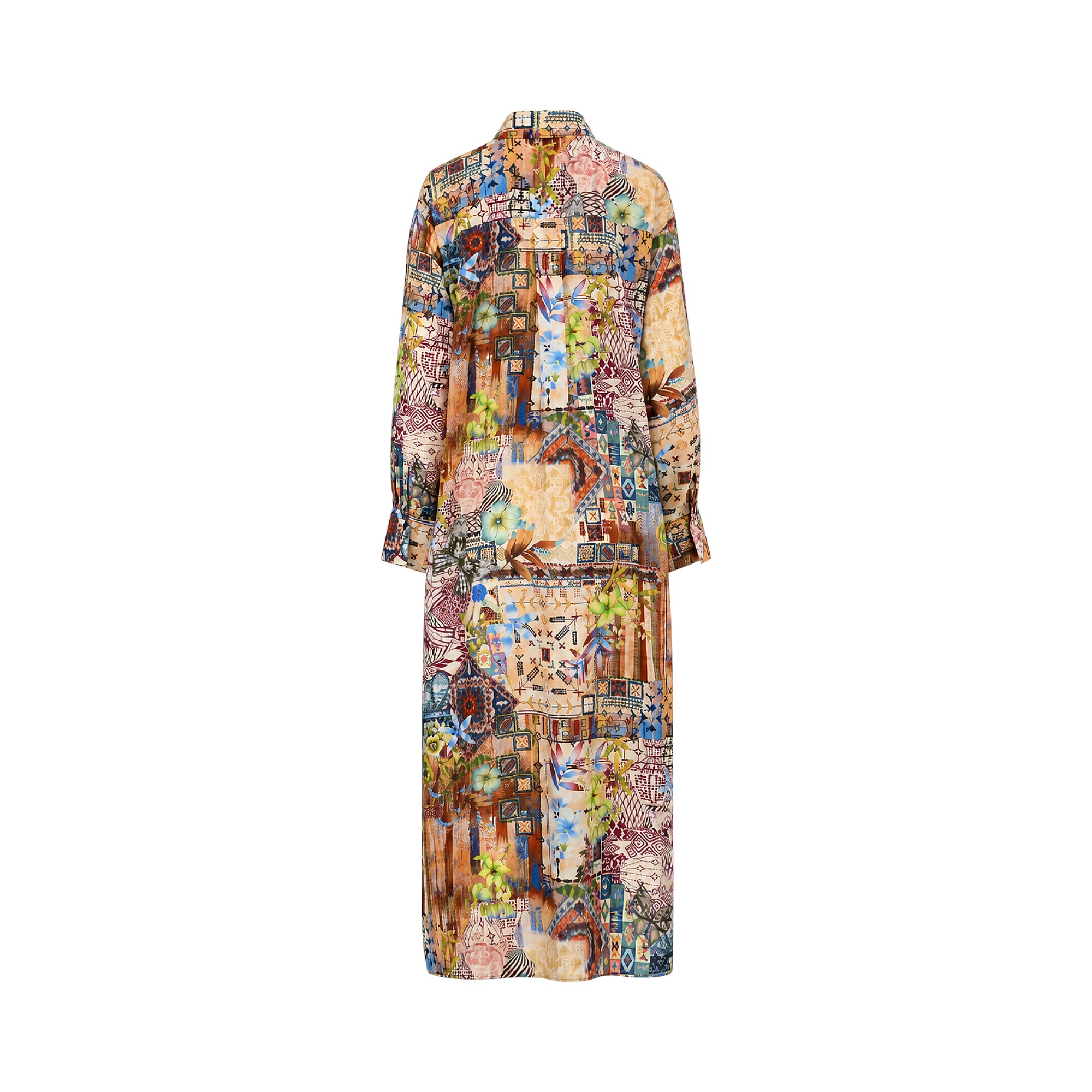 Multicolor maxi shirt dress with a patchwork print featuring floral and geometric patterns in earthy tones, blues, and greens