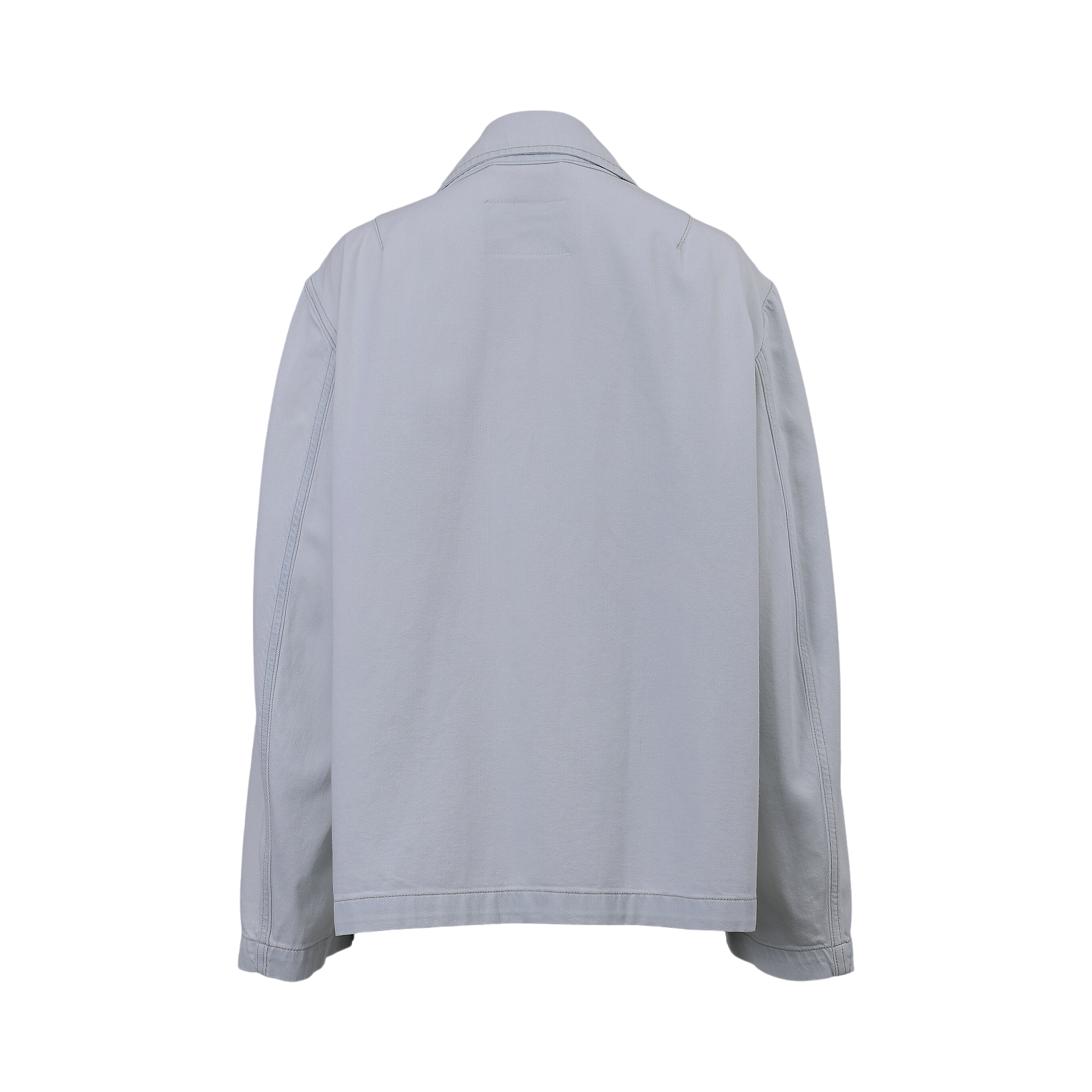Light blue jacket, back view, with a collar, visible seam stitching on shoulders and sleeves, and a straight hem.