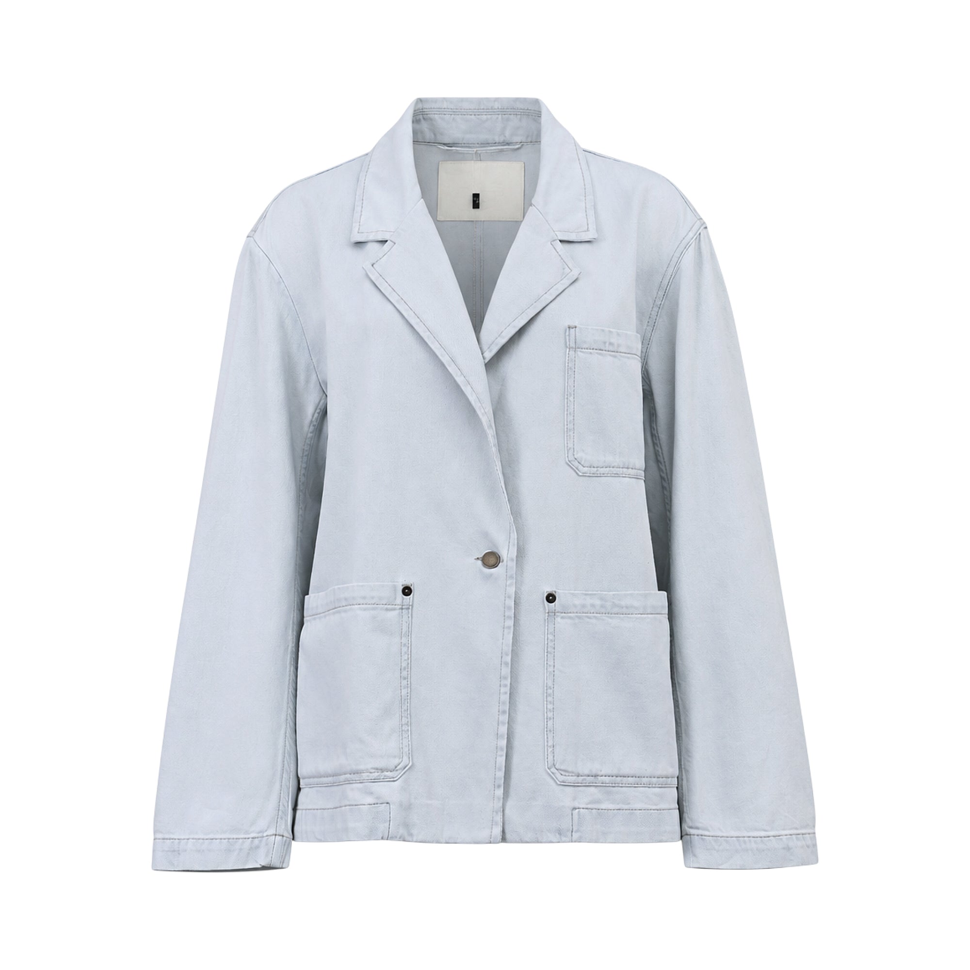 Light blue relaxed-fit denim jacket with notched lapel, single button closure, and multiple patch pockets.
